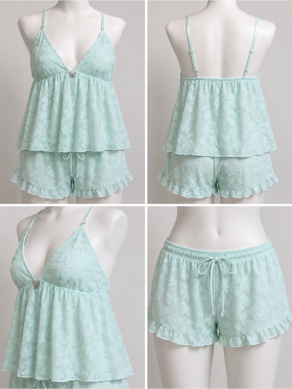 NWT Paris Hilton Mint Lace Tiered Cami & Short Sleep Set - Picture 1 of 8